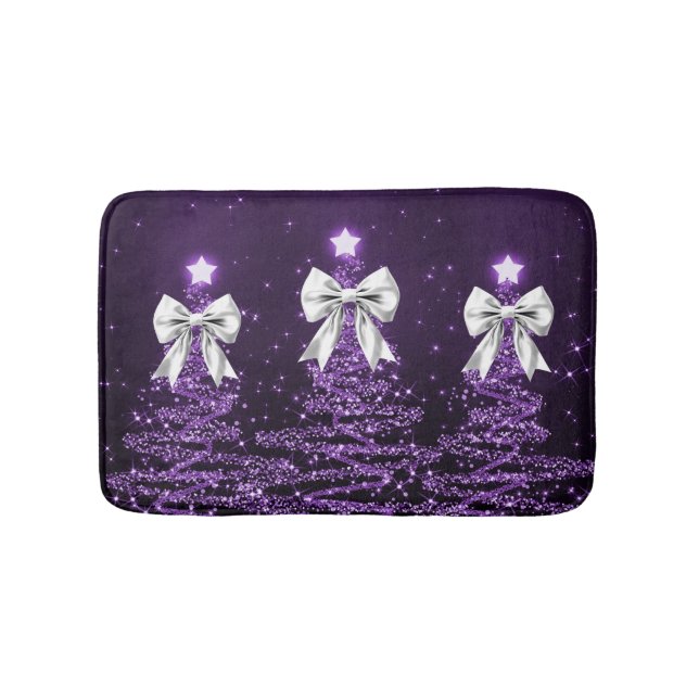 Tapete De Banheiro Christmas Sparkling Trees Purple Faux Silver Bow  (frente)