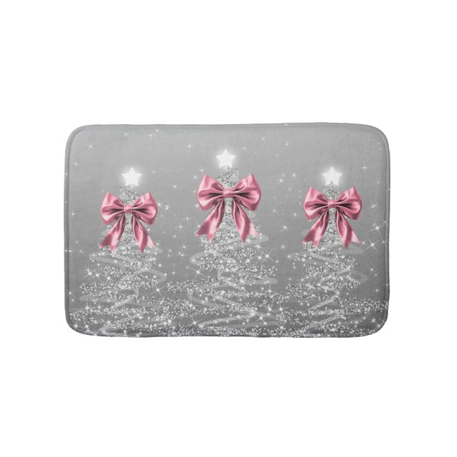 Tapete De Banheiro Christmas Sparkling Trees Silver Faux Pink Bow  (frente)
