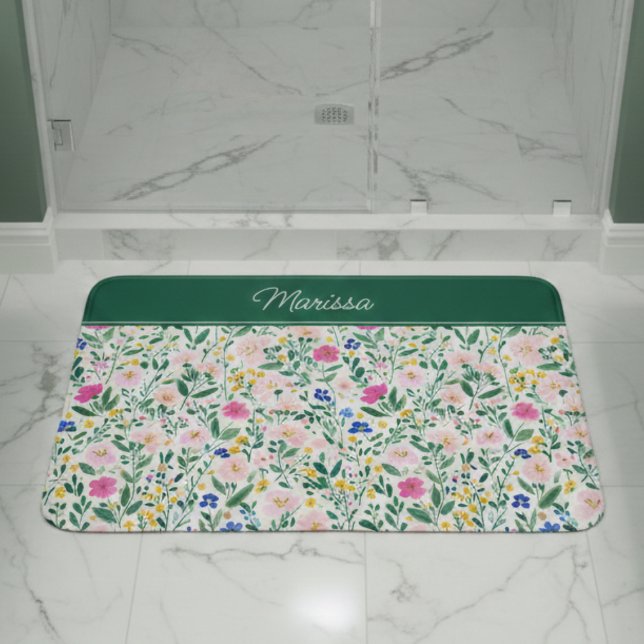 Tapete De Banheiro Colorful Floral Personalized  (elegant colorful floral wildflower personalized bath mat with monogram name in script)
