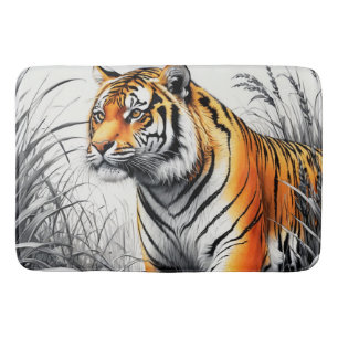 Tapete De Banheiro Cor de Arte Tigre Desenho Branco Parcial Preto
