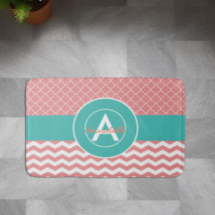 Tapete De Banheiro Coral Teal Chevron Quatrefoil