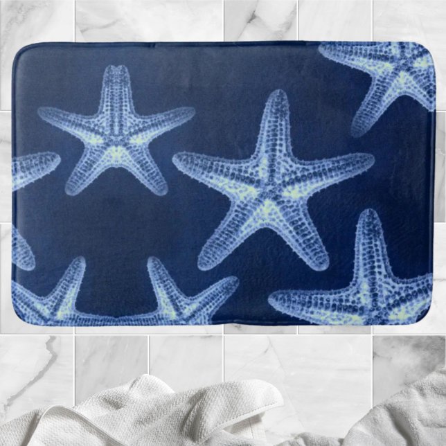 Tapete De Banheiro costa chic Beach — peixe-estrela azul-marinho (coastal chic beach rustic nautical blue starfish bath mat)