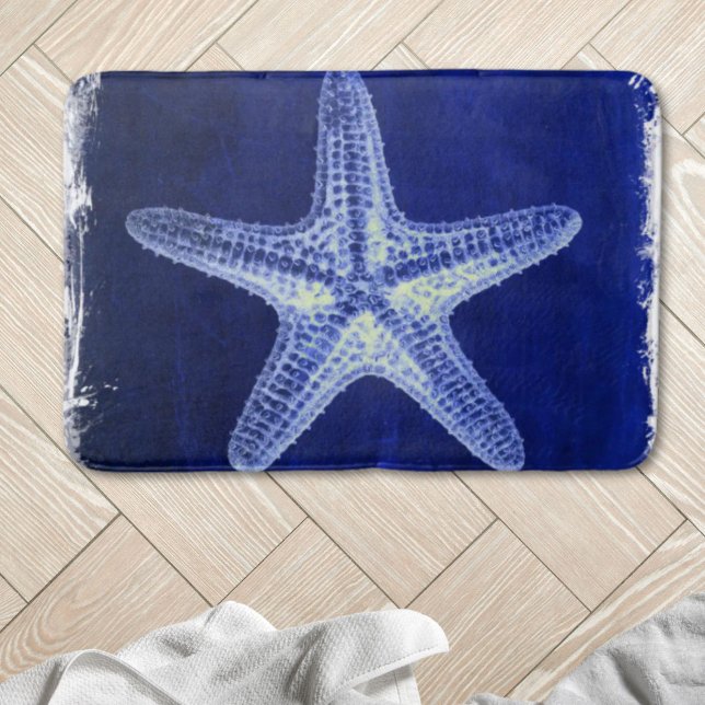 Tapete De Banheiro costa chic Beach — peixe-estrela azul-marinho (coastal chic beach rustic nautical blue starfish bath mat)