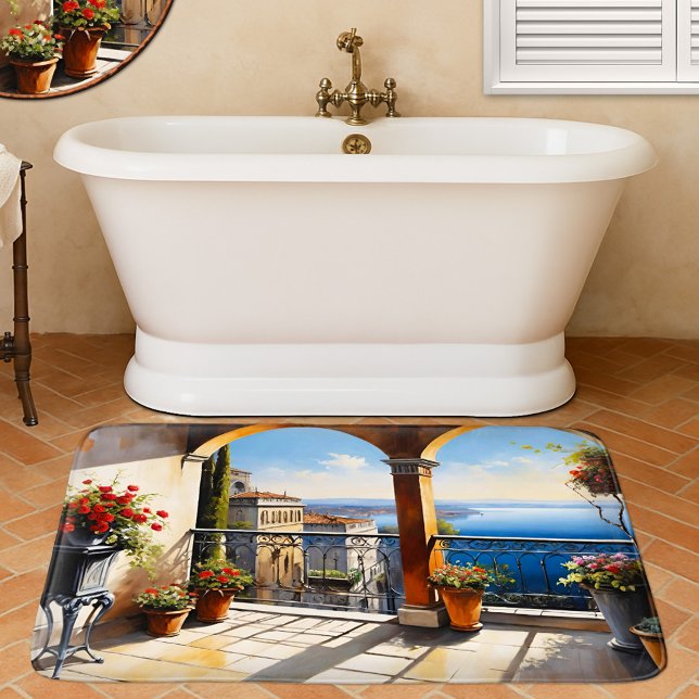 Tapete De Banheiro Costa Mediterrânica - Balconha Italiana (Bath mat featuring a painting of the Italian coast with terra cotta flower pots.)