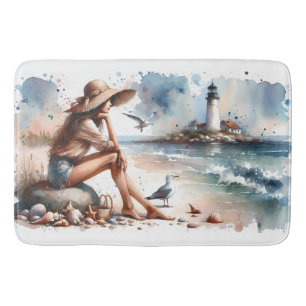 Tapete De Banheiro Costeira Beach Girl & Lighthouse
