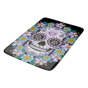 Tapete De Banheiro Crânio de Açúcar Roxo com Flores