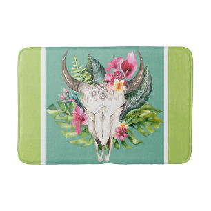 Tapete De Banheiro Crânio Floral Boho Azul Turquesa & Verde Cores Vib
