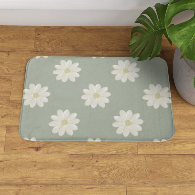 Tapete De Banheiro Cream Daisy Sage Green Modern Floral Mat (A pretty sage and cream daisy bath mat.)