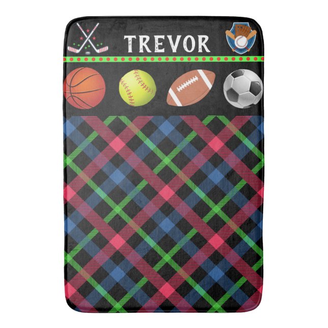 Tapete De Banheiro Crianças Super Esporte Tartan Personalizado (Frente Vertical)