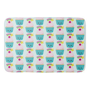 Tapete De Banheiro Cupcake azul bonito com padrão facial Kawaii