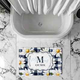 Tapete De Banheiro Custom Navy Gingham Daisy Monogram