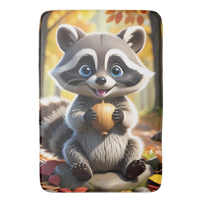 Tapete De Banheiro Cute Kawaii style Racoon segurando uma bolota (Frente Vertical)