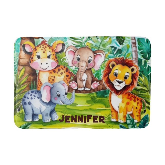 Tapete De Banheiro Cute Kids Safari Selva Animal Personalizado Nome (Frente)