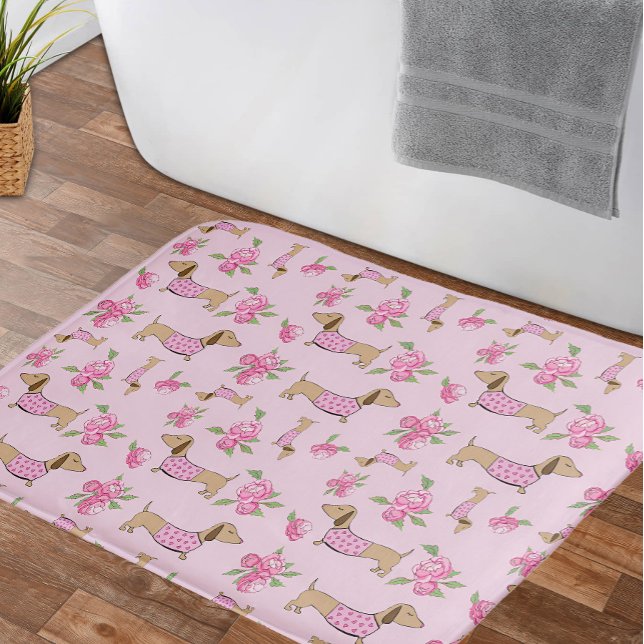 Tapete De Banheiro Dachshund Bath Mat Doxie + Peonies Rug Floral (Pink floral dachshund bathroom accessories - peonies and wiener dogs)
