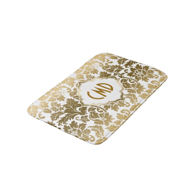 Tapete De Banheiro Damasco Floral Dourado E Branco (Angulado)