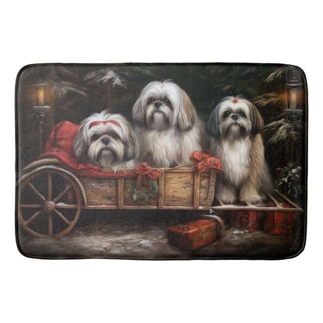 Tapete De Banheiro Decoração de Natal de Lhasa Apso Snowy Sleigh (Frente)