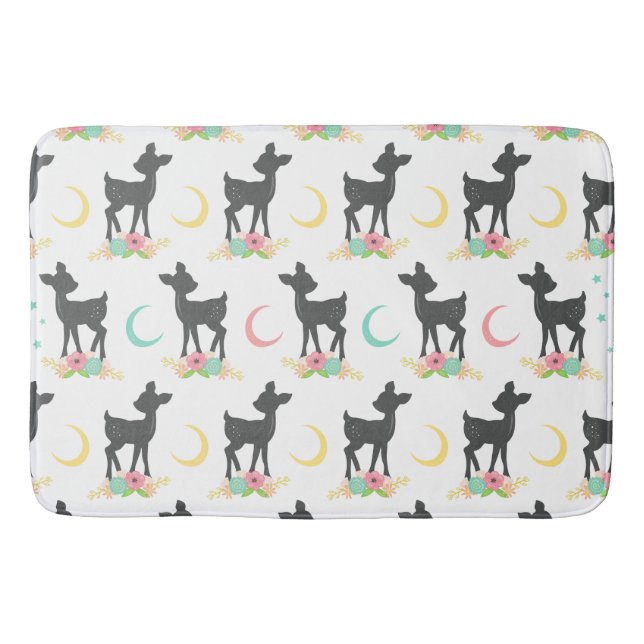 Tapete De Banheiro Deer Pattern, Baby Deer, Boho, Flores, Lua (Frente)