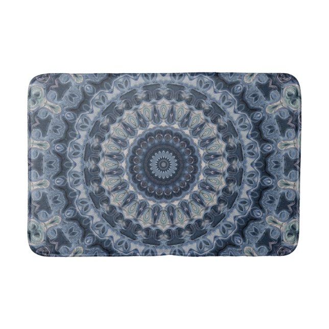 Tapete De Banheiro Desenho de Mandala Azul e Prateado (Frente)