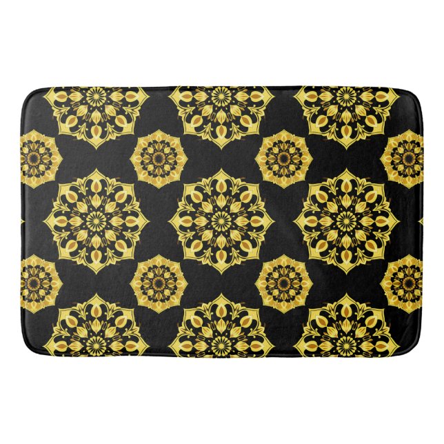 Tapete De Banheiro Desenho de Mandala Dourada Com Padrões Simétricos (Frente)