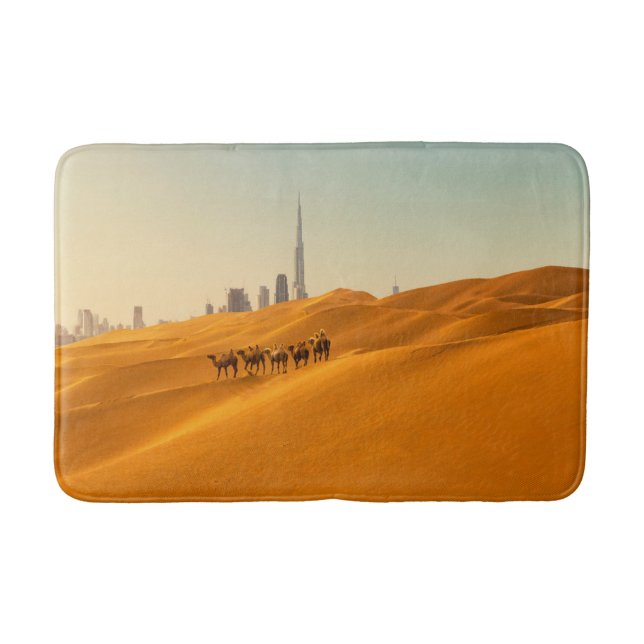 Tapete De Banheiro Desertos | Vista Skyline do Dubai com Camelos (Frente)