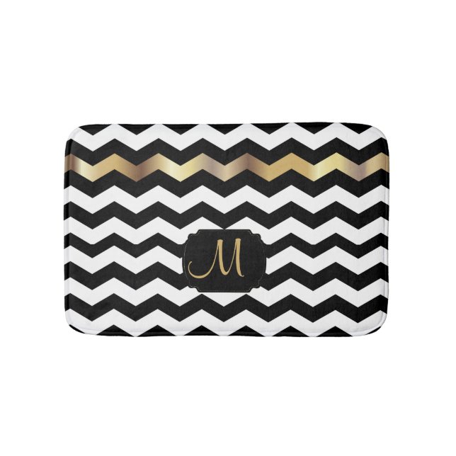 Tapete De Banheiro Design Chevron Dourado, Branco e Preto (frente)