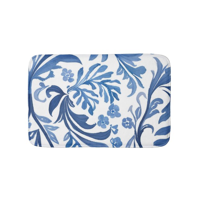 Tapete De Banheiro Design Floral Azul e Branco | Padrão de Chinoiseri (frente)