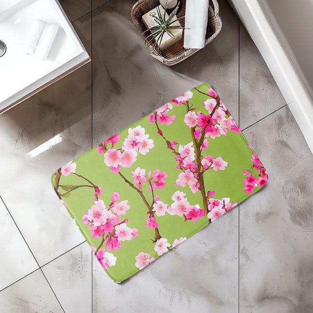 Tapete De Banheiro Deslumbrantes Flores de Cerejeira Rosa no Verde Ch (Beautiful Pink Cherry Blossoms on Chartreuse Bath Mat)