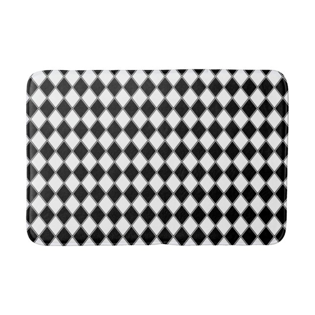 Tapete De Banheiro Diamante Preto e Branco com Padrão Argyle (Frente)
