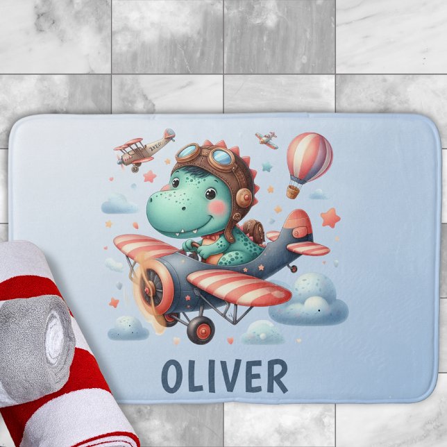 Tapete De Banheiro Dinossauro do Trex Cute Voando um Avião Encantador (Criador carregado)