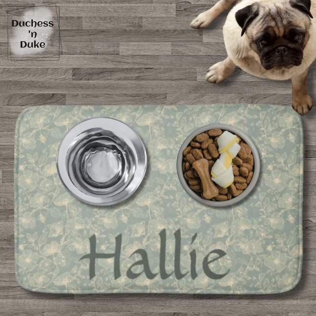 Tapete De Banheiro Dog Placemat - Sage Green Botanical, Personalized  (Personalized Sage Green Botanical Pet Placemat Bath Mat on wood floor with pet bowls)