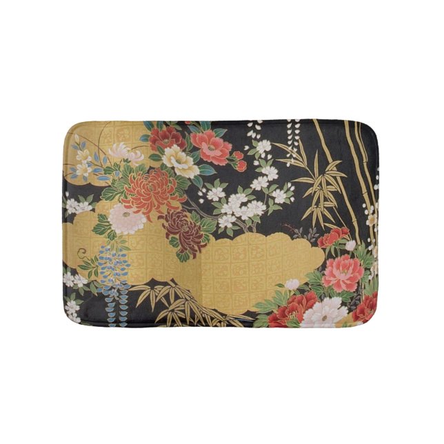 Tapete De Banheiro Dourado e negro Oriental Kimono Floral (frente)