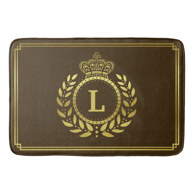 Tapete De Banheiro Dourado Marrom Laurel Wreath Crown Royal Monograma (Frente)