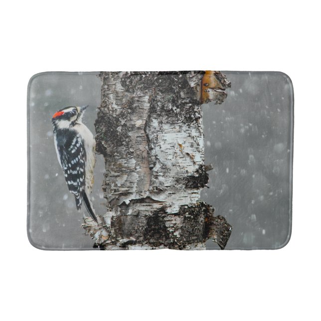 Tapete De Banheiro Downy Woodpecker em Neve - Foto Original (Frente)