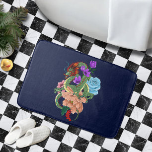 Tapete De Banheiro Dragão Chinês Verde Místico Floral Azul Marinho