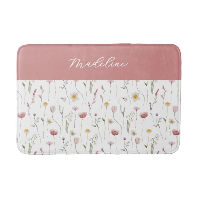 Tapete De Banheiro Dusty Pink Watercolor Wildflower Monogram Name (Frente)