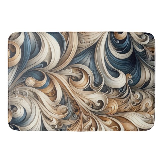 Tapete De Banheiro Elegant Blue Beige Baroque Swirl Pattern (Frente)