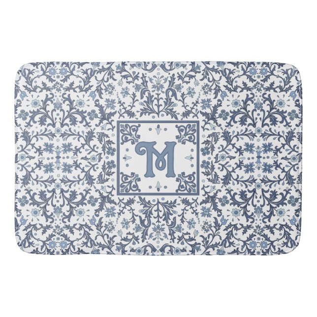 Tapete De Banheiro Elegant Blue Graphic Floral Pattern Monogram (Frente)