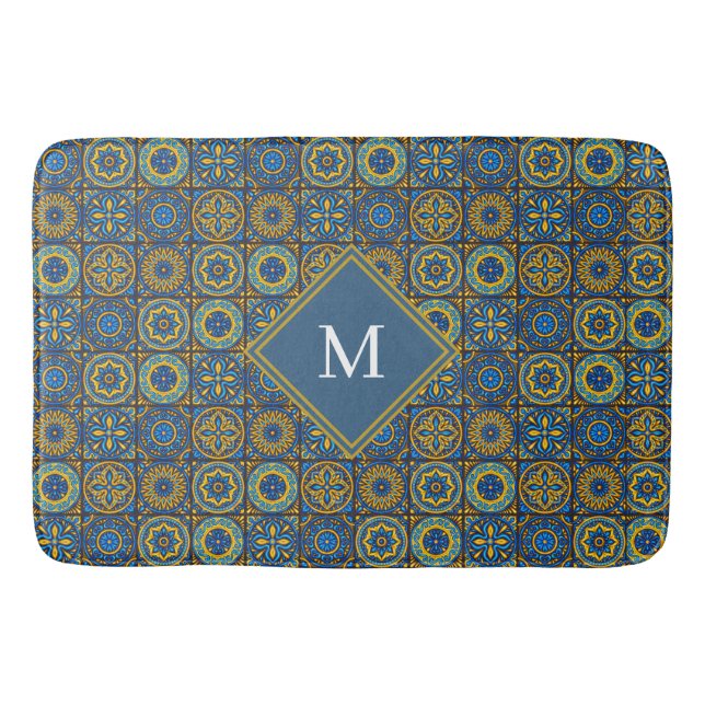 Tapete De Banheiro Elegant blue& white Moroccan custom monogram (Frente)