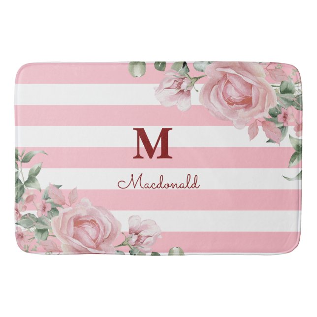 Tapete De Banheiro Elegant Floral Rose Striped Monogram (Frente)