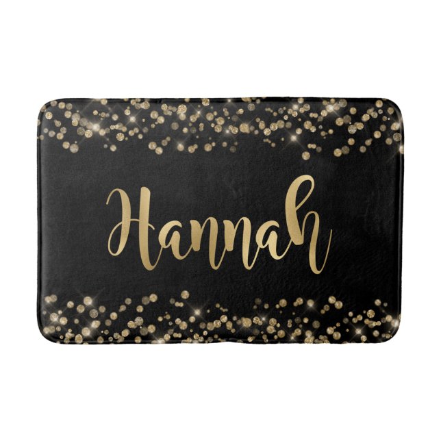 Tapete De Banheiro Elegante Black Glitter Confetti Dourado Nome (Frente)