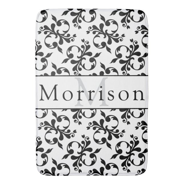 Tapete De Banheiro Elegante Cor damasco de francês preto e branco (Frente Vertical)