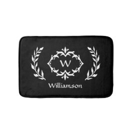 Tapete De Banheiro Elegante Coroa de Monograma Moderna Chique Preto B