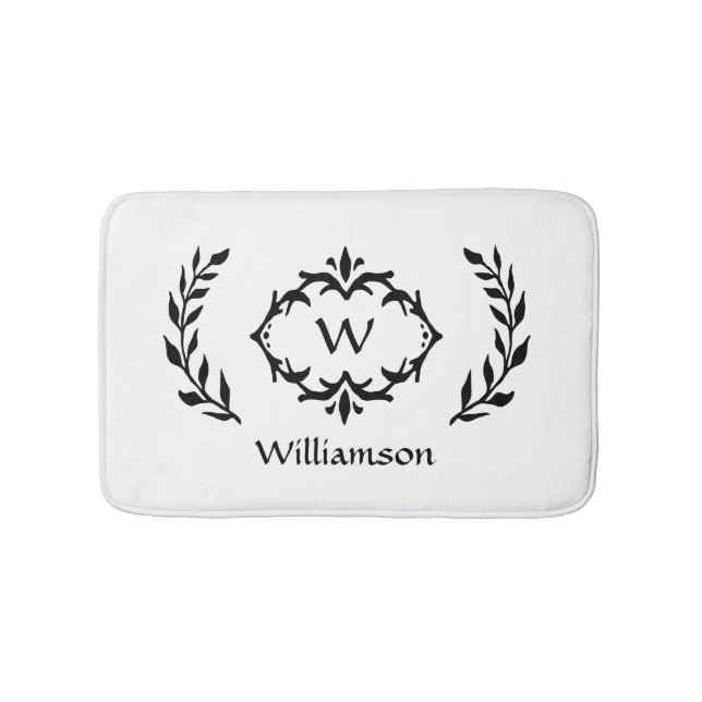 Tapete De Banheiro Elegante Coroa de Monograma Moderno Preto Branco C (frente)