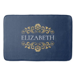 Tapete De Banheiro Elegante Monograma Marinho Azul Dourado Bath Mat