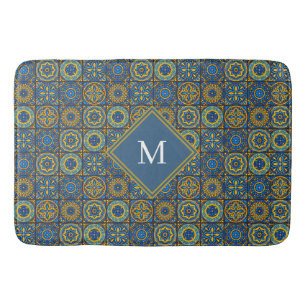 Tapete De Banheiro Elegante monograma personalizado marroquino azul e