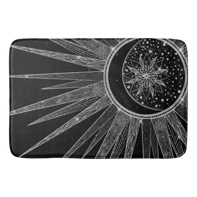 Tapete De Banheiro Elegante Silver Sun Moon Mandala Black Design (Frente)