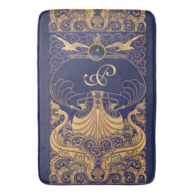 Tapete De Banheiro Embarcação Antica,Golfinhos,Dourado,Monograma Azul (Frente Vertical)