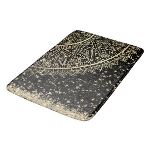 Tapete De Banheiro Encantando Mandala com Douradas Estrelas em Preto