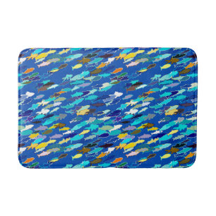 Tapete De Banheiro Escola de peixe, azul escuro, branco, turquesa