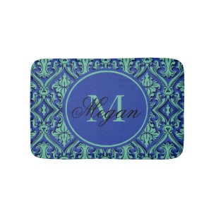 Tapete De Banheiro Estilo de Monograma Azul Teal Damask Estampado